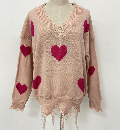 Christmas Sweater Love Splicing V Turtleneck Sweater Women'S Loose Pullove
