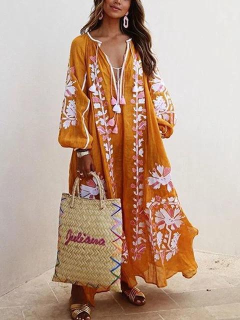 New Printed Loose Large Size V-Neck Midi Dress