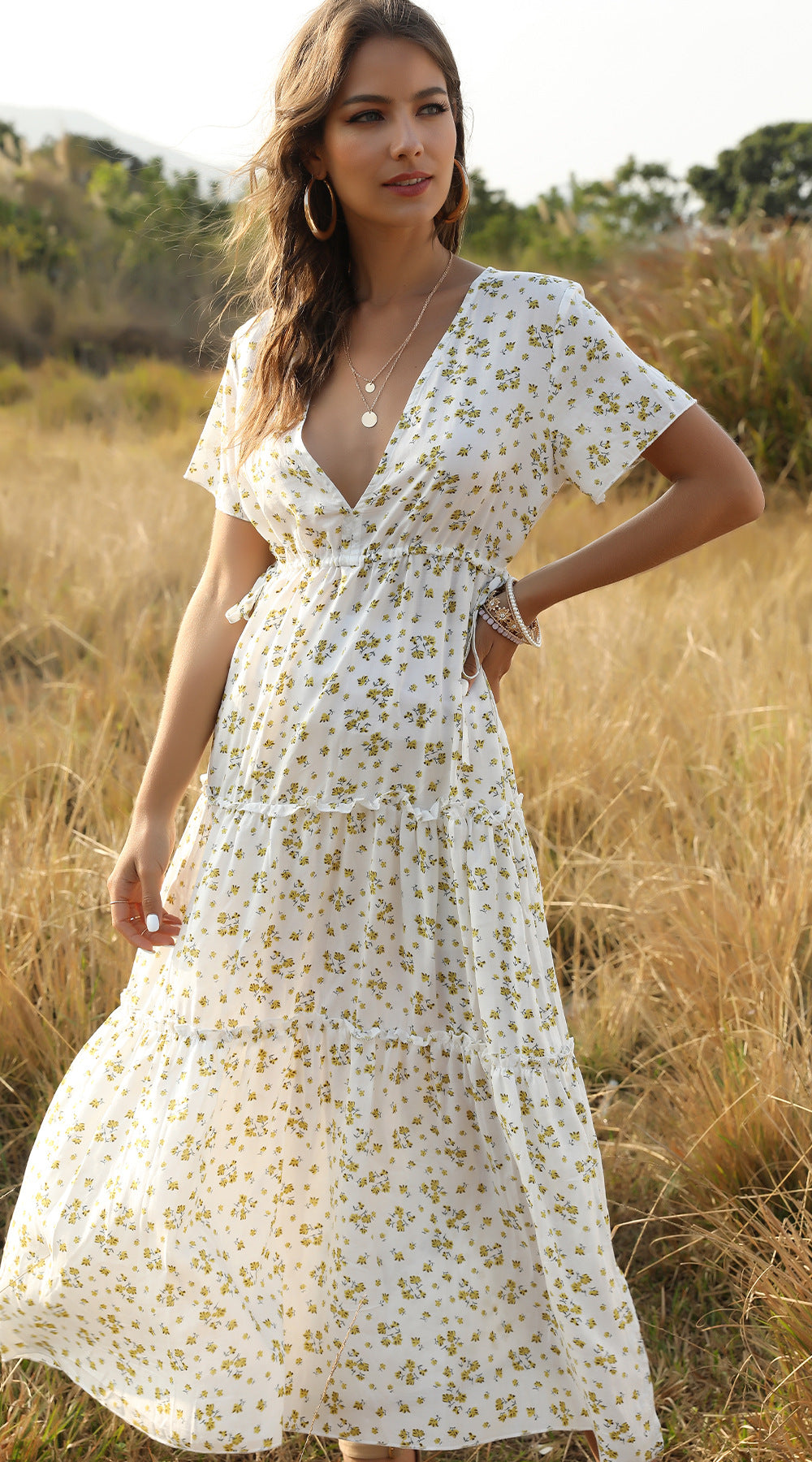 Female Bohemian Lotus Leaf Floral V Collar Dress Skirt