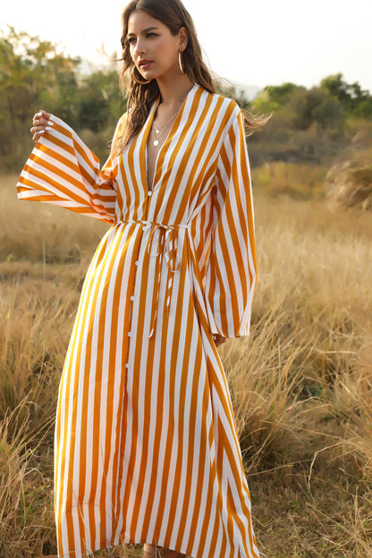 Stylish Women'S Big Striped Comfortable Ultra-Long Shirt Single-Button Edgy Shirt