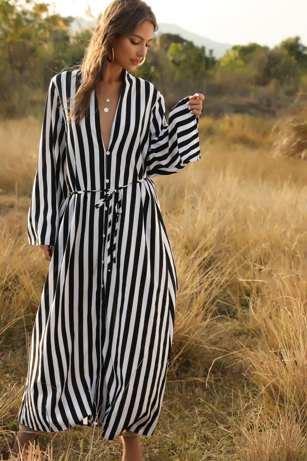 Stylish Women'S Big Striped Comfortable Ultra-Long Shirt Single-Button Edgy Shirt