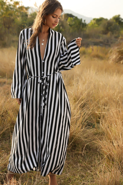 Stylish Women'S Big Striped Comfortable Ultra-Long Shirt Single-Button Edgy Shirt