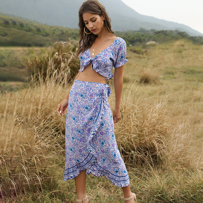 Bohemian Women'S Irregular Half Skirt Umbilical Top Two Sets