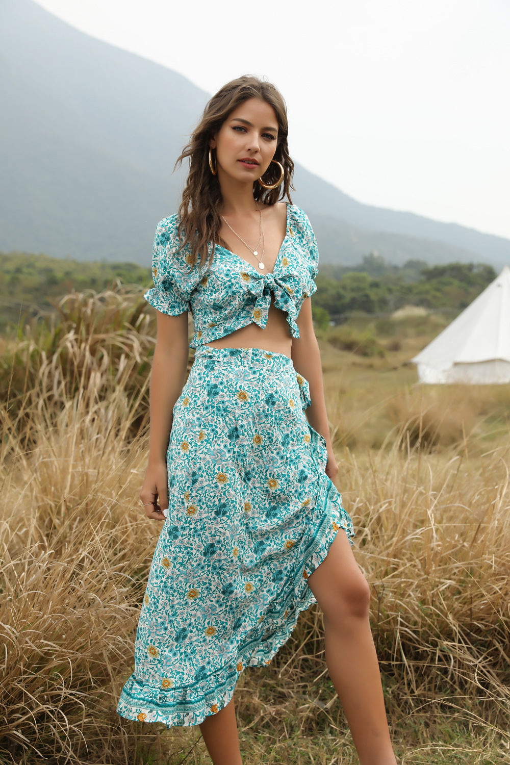 Bohemian Women'S Irregular Half Skirt Umbilical Top Two Sets