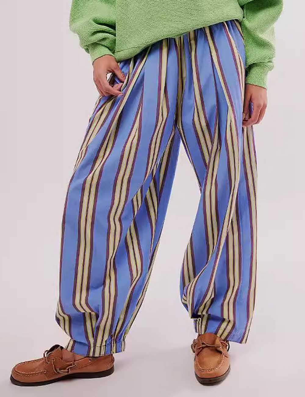 Casual Elastic Waist Color Block Striped Pants