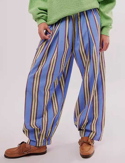 Casual Elastic Waist Color Block Striped Pants