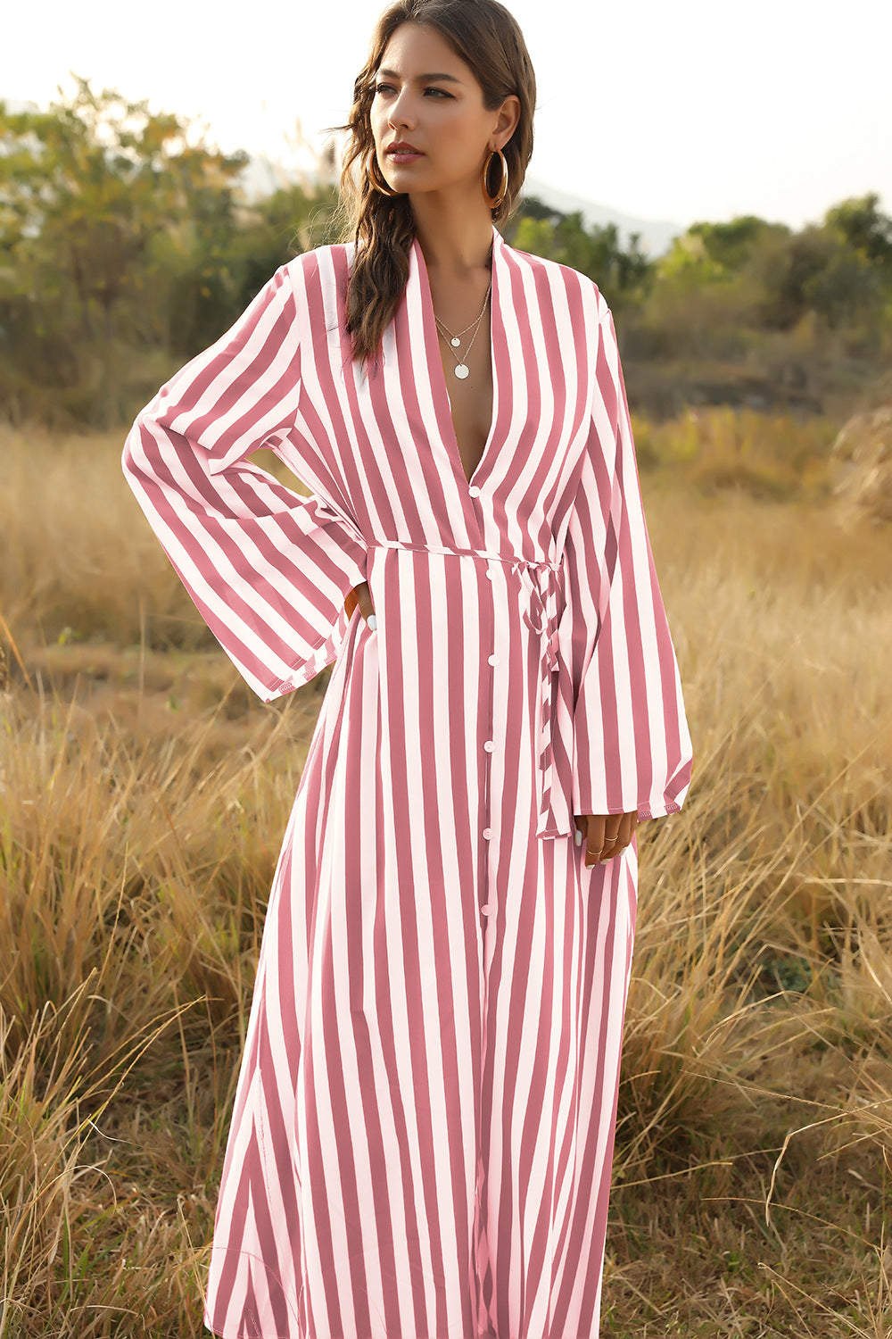 Stylish Women'S Big Striped Comfortable Ultra-Long Shirt Single-Button Edgy Shirt