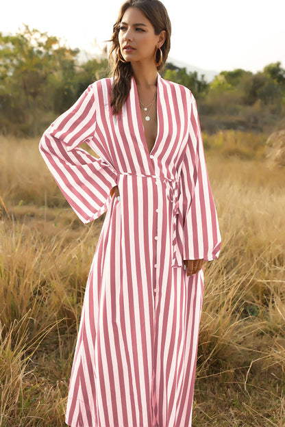 Stylish Women'S Big Striped Comfortable Ultra-Long Shirt Single-Button Edgy Shirt