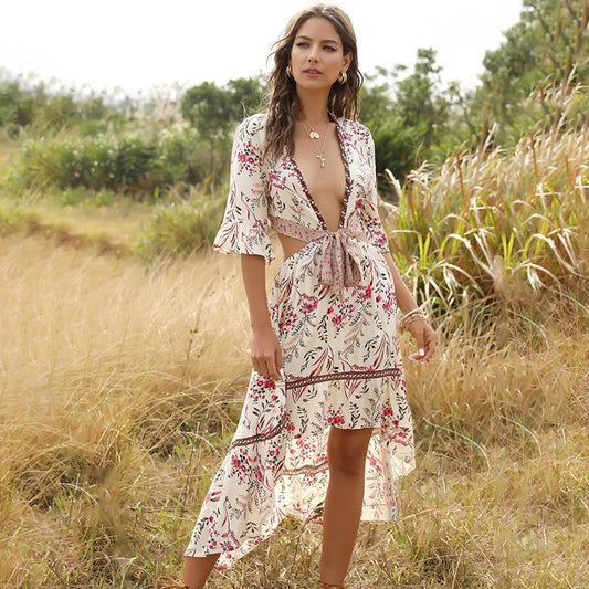 Bohemian Deep V Collar Tie With Back-To-Back Retro Prints Irregular Hem Dress
