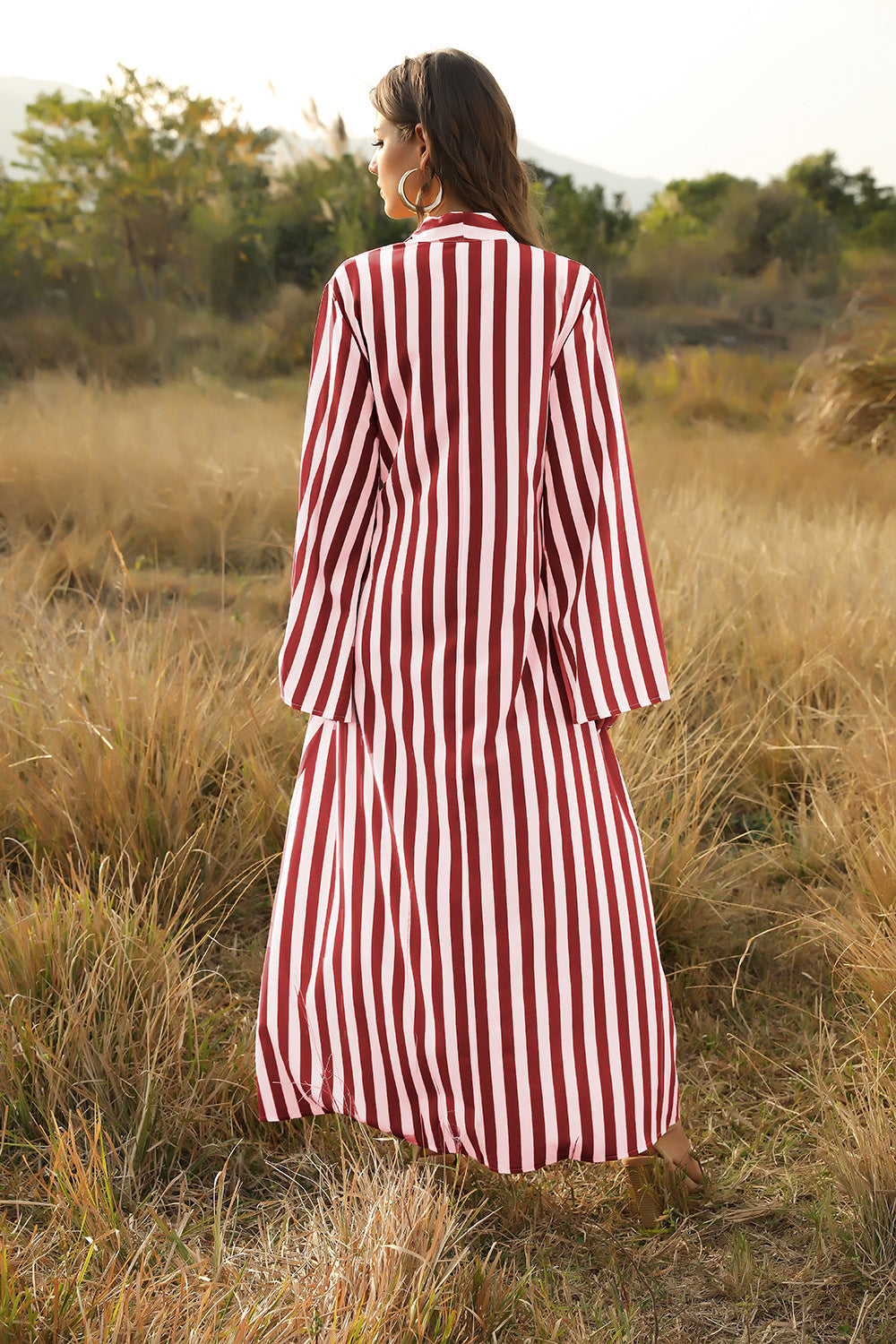 Stylish Women'S Big Striped Comfortable Ultra-Long Shirt Single-Button Edgy Shirt