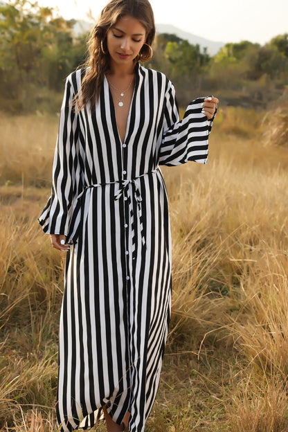 Stylish Women'S Big Striped Comfortable Ultra-Long Shirt Single-Button Edgy Shirt