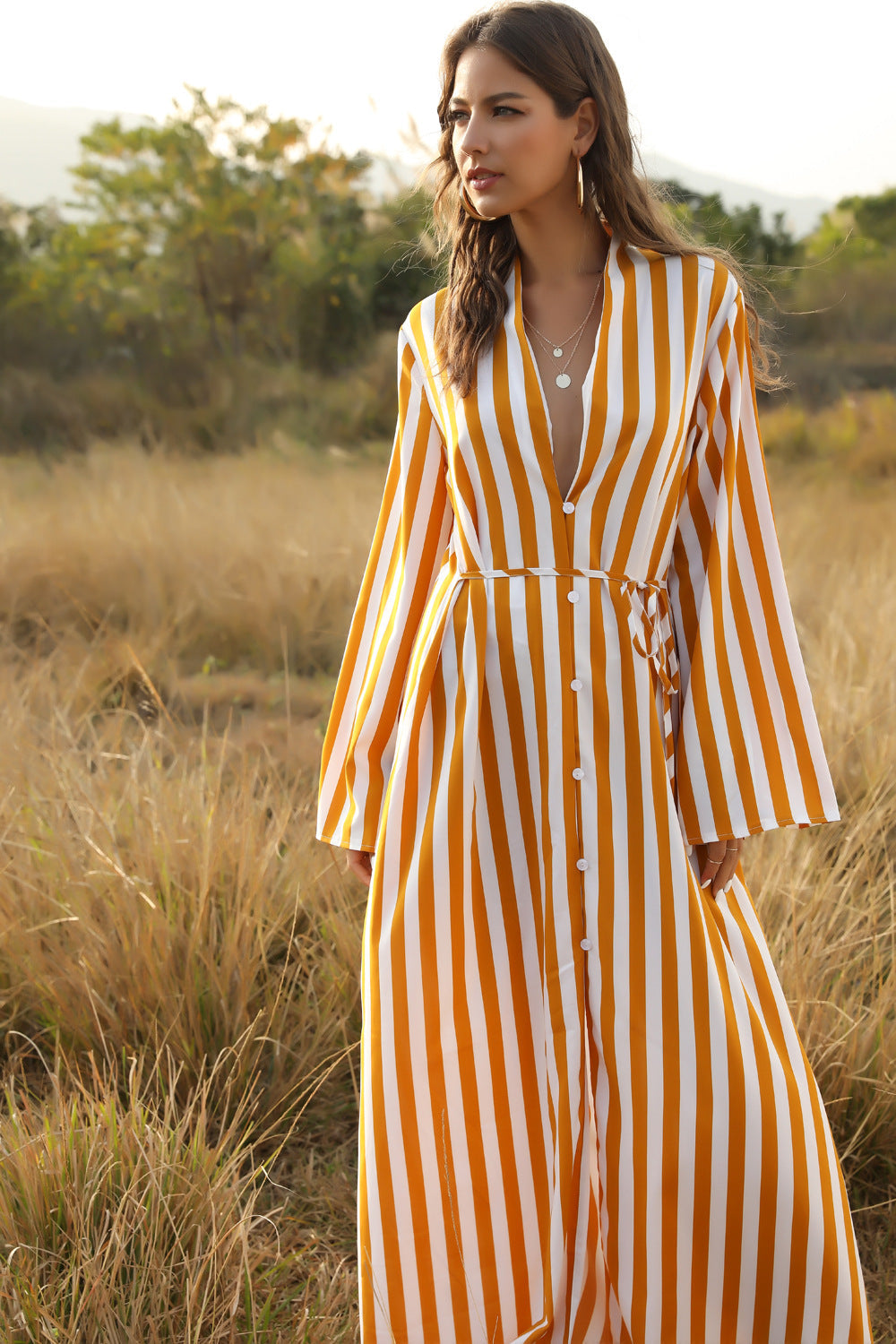 Stylish Women'S Big Striped Comfortable Ultra-Long Shirt Single-Button Edgy Shirt