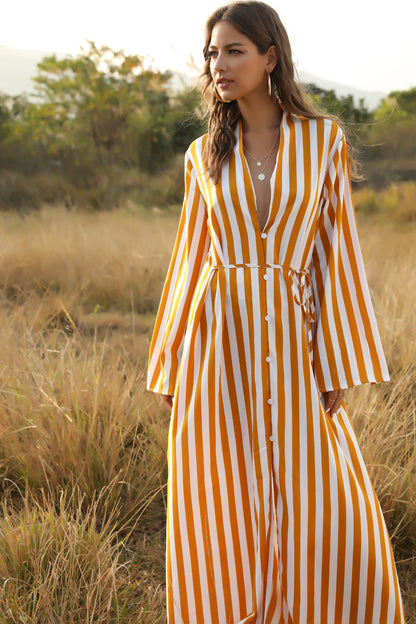 Stylish Women'S Big Striped Comfortable Ultra-Long Shirt Single-Button Edgy Shirt