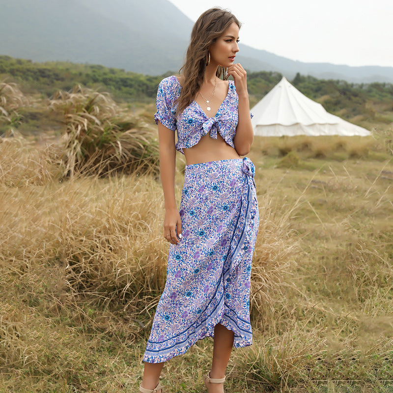 Bohemian Women'S Irregular Half Skirt Umbilical Top Two Sets