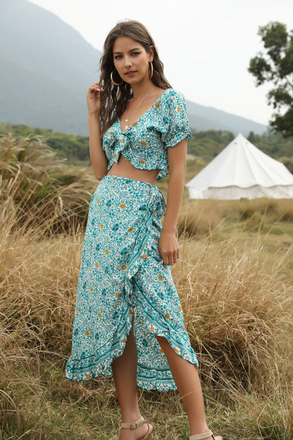 Bohemian Women'S Irregular Half Skirt Umbilical Top Two Sets