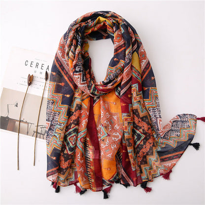 Japanese Literary And Artistic Fresh Cotton And Linen Scarf Retro Patchwork Bohemian Cashew Print Silk Scarf Beautiful Sunscreen Scarf