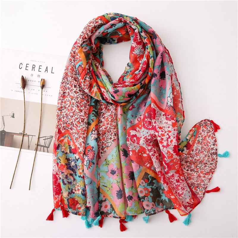 Japanese Literary And Artistic Fresh Cotton And Linen Scarf Retro Patchwork Bohemian Cashew Print Silk Scarf Beautiful Sunscreen Scarf