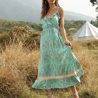 Bohemian Wind Printed Flounced V-Neck Suspender Dress