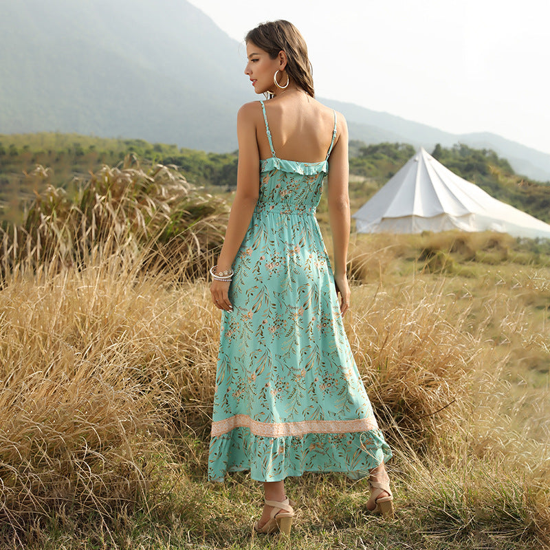 Bohemian Wind Printed Flounced V-Neck Suspender Dress