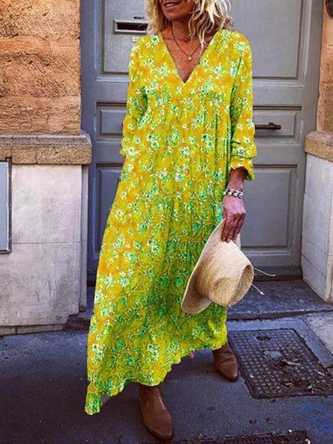 New Large Size Printed V-Neck Three-Quarter Sleeve Long Dress