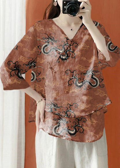 Beautiful Purple Asymmetrical Print cotton blend Blouses Half Sleeve