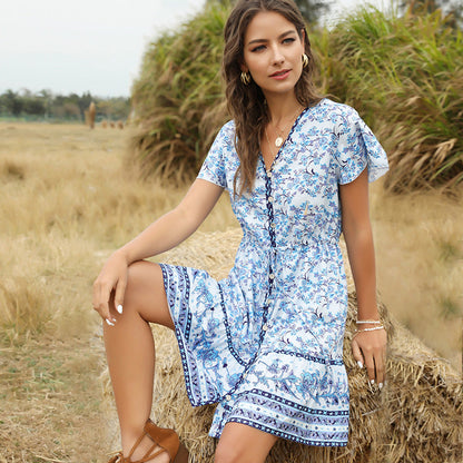 Spring And Summer New Beach Skirt V-Neck Short Sleeve Bohemian Dress