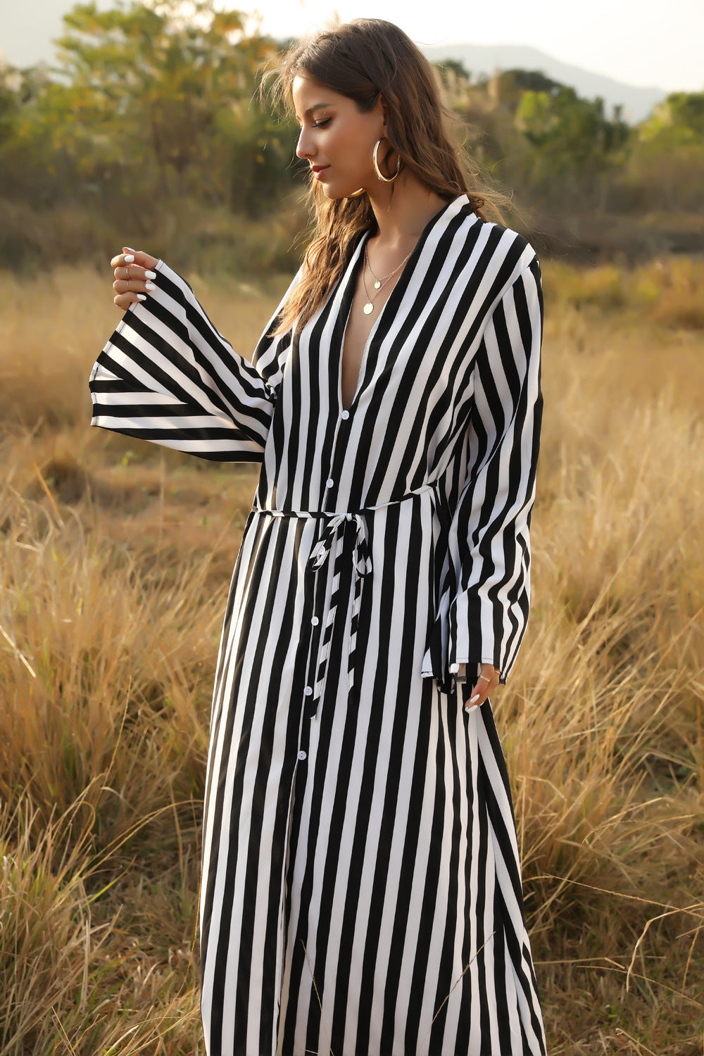 Stylish Women'S Big Striped Comfortable Ultra-Long Shirt Single-Button Edgy Shirt