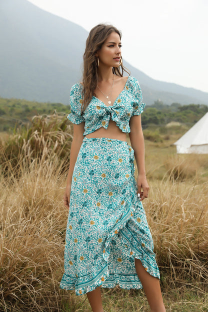 Bohemian Women'S Irregular Half Skirt Umbilical Top Two Sets