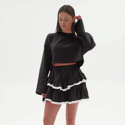 Color Block Crop Hoodie Lace Skirt Set