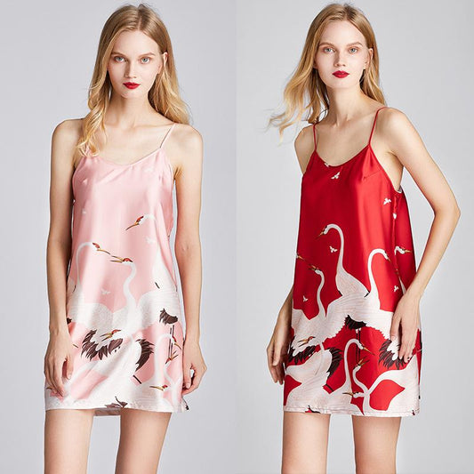 Ice Silk Pajamas Xia Xianhe Silk Small Sexy Charm Sling Skirt Nightdress Women'S Skirt Print Home Clothes