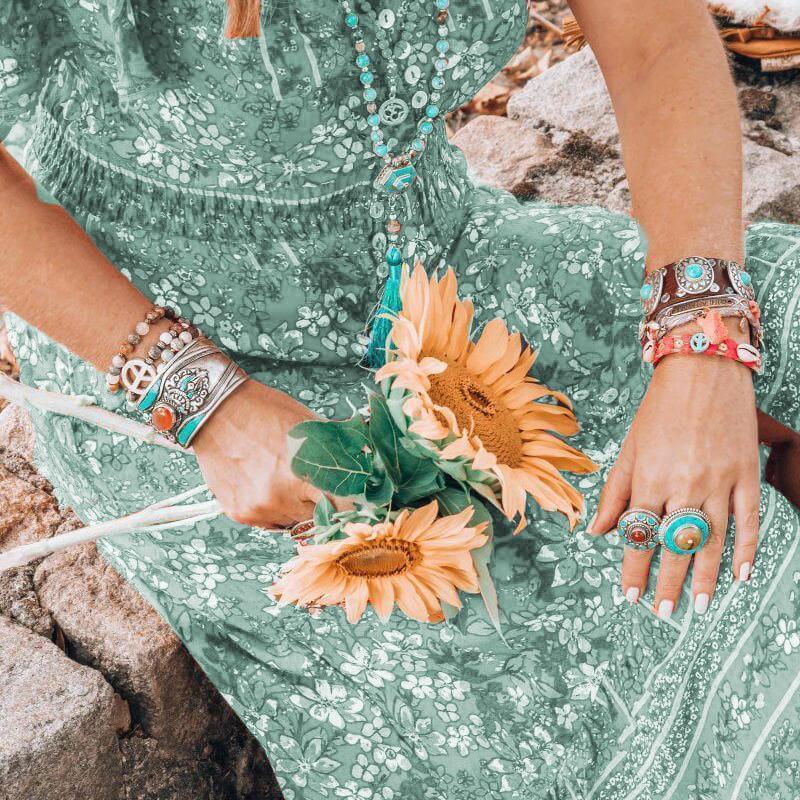 V-Neck Print Short-Sleeved Dress Green And Red Two Colors Burst Loose Waist Long Skirt Women Summer