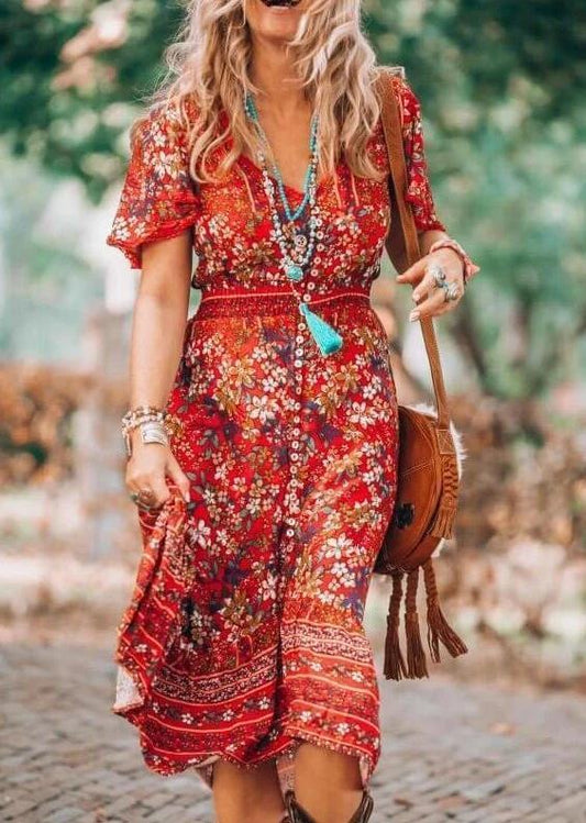 V-Neck Print Short-Sleeved Dress Green And Red Two Colors Burst Loose Waist Long Skirt Women Summer