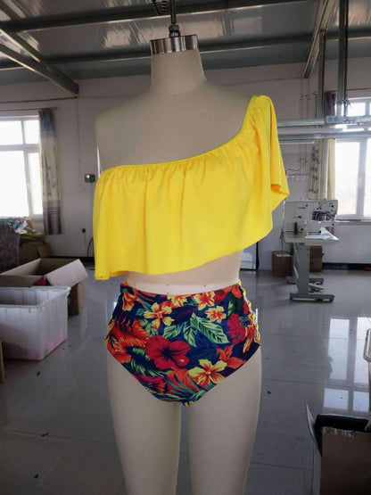 Retro High Waist Floral Bikini One-Shoulder Ruffled Print Swimsuit