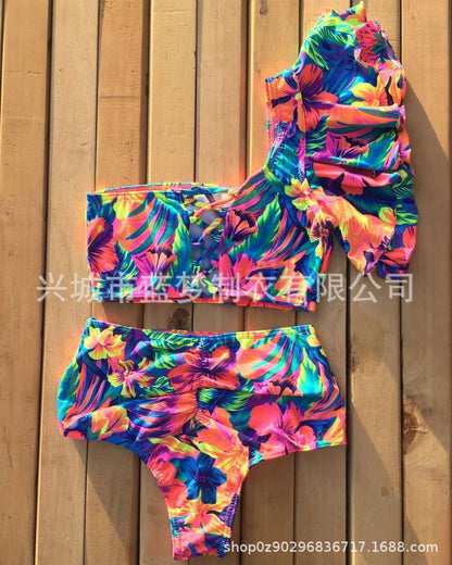 Retro High Waist Floral Bikini One-Shoulder Ruffled Print Swimsuit