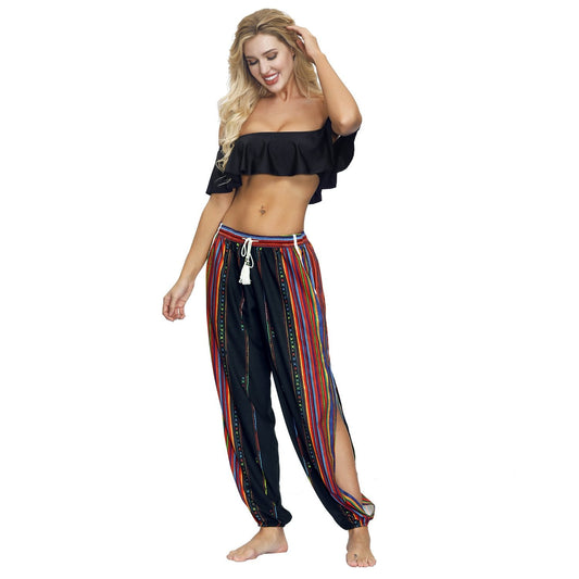 Floral Digital Printing Women'S Drawstring Side Fork Casual Trousers Loose Waist Foot Light Cage Pants 23