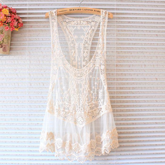 Lace Vest Skirt Blouse Mesh Yarn Embroidery Hook Flower Halter Top Cover-Up