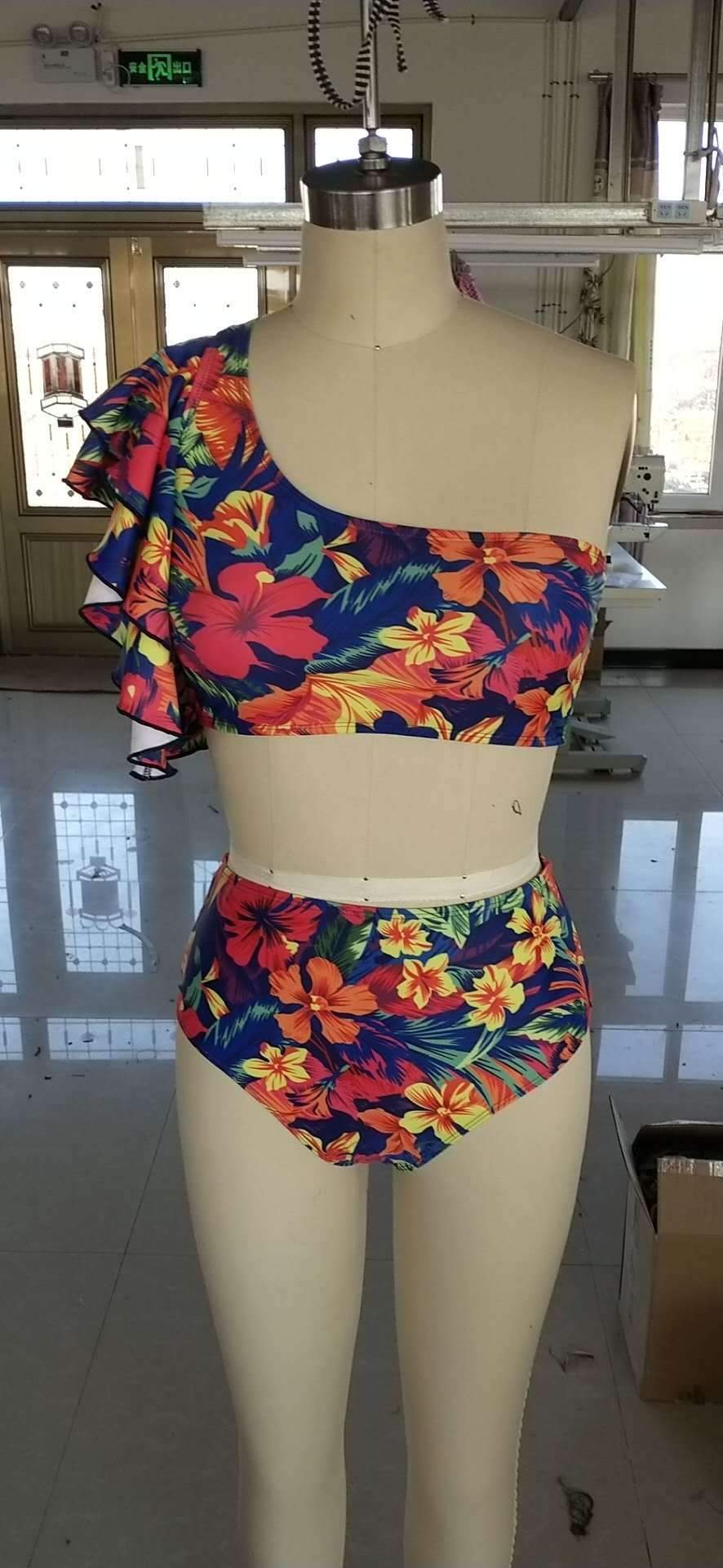 Retro High Waist Floral Bikini One-Shoulder Ruffled Print Swimsuit