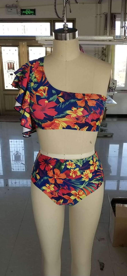Retro High Waist Floral Bikini One-Shoulder Ruffled Print Swimsuit