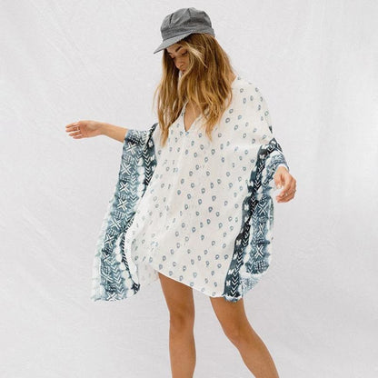 Bat Sleeve Long Sleeve Stitching Loose V-Neck Summer Jacket Printed Women'S Sunscreen Blouse
