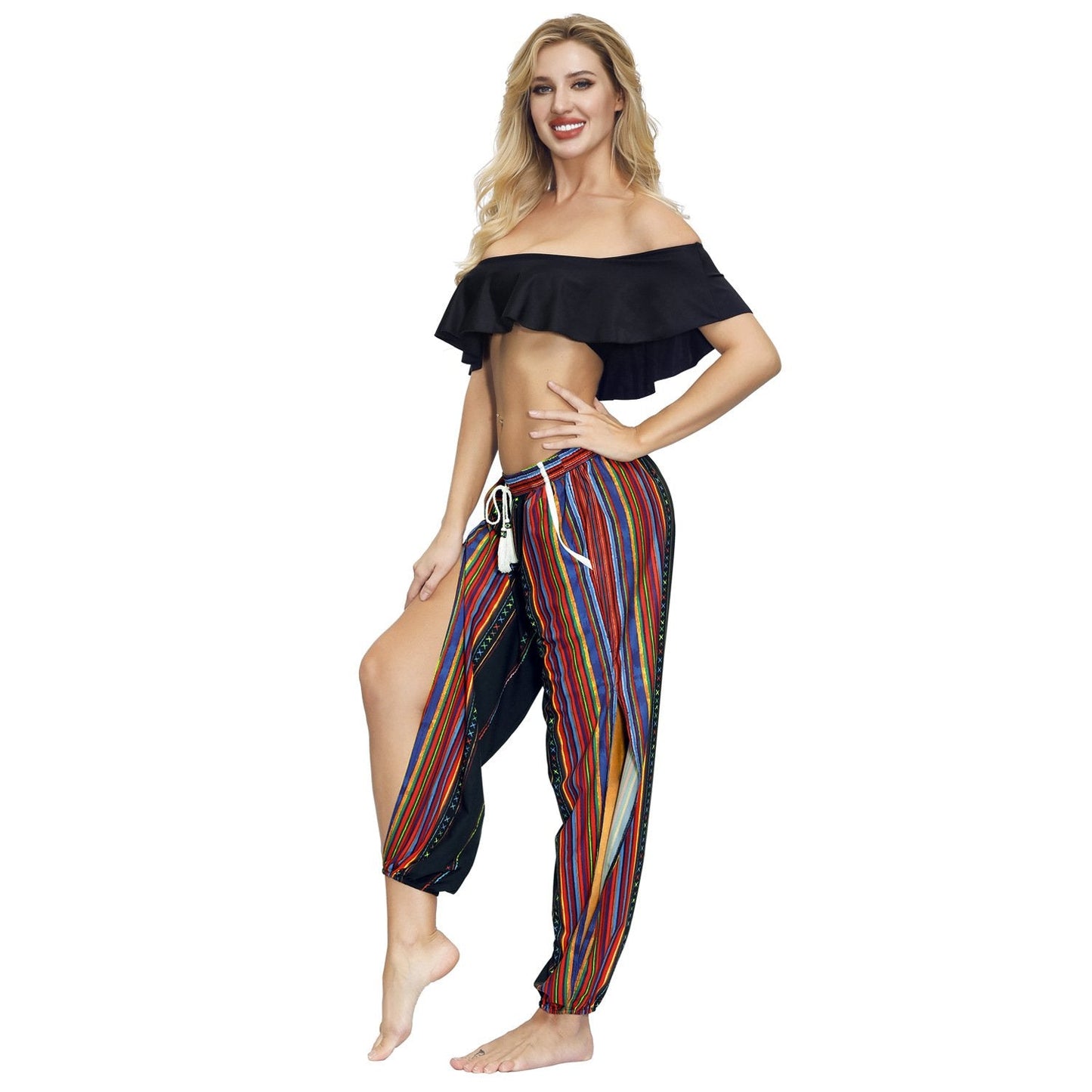Floral Digital Printing Women'S Drawstring Side Fork Casual Trousers Loose Waist Foot Light Cage Pants 23