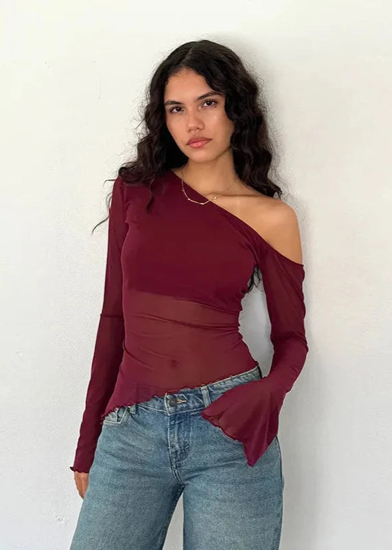 Asymmetrical Gauzy Off Shoulder Long Sleeve Top