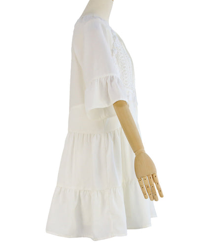 Spring And Summer Solid Color Stitching Flounce Fringed Neckline Lace Trumpet Sleeve Dress