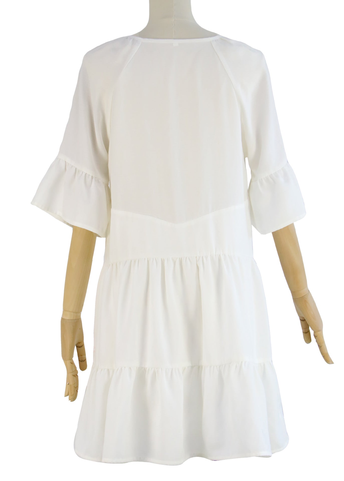 Spring And Summer Solid Color Stitching Flounce Fringed Neckline Lace Trumpet Sleeve Dress