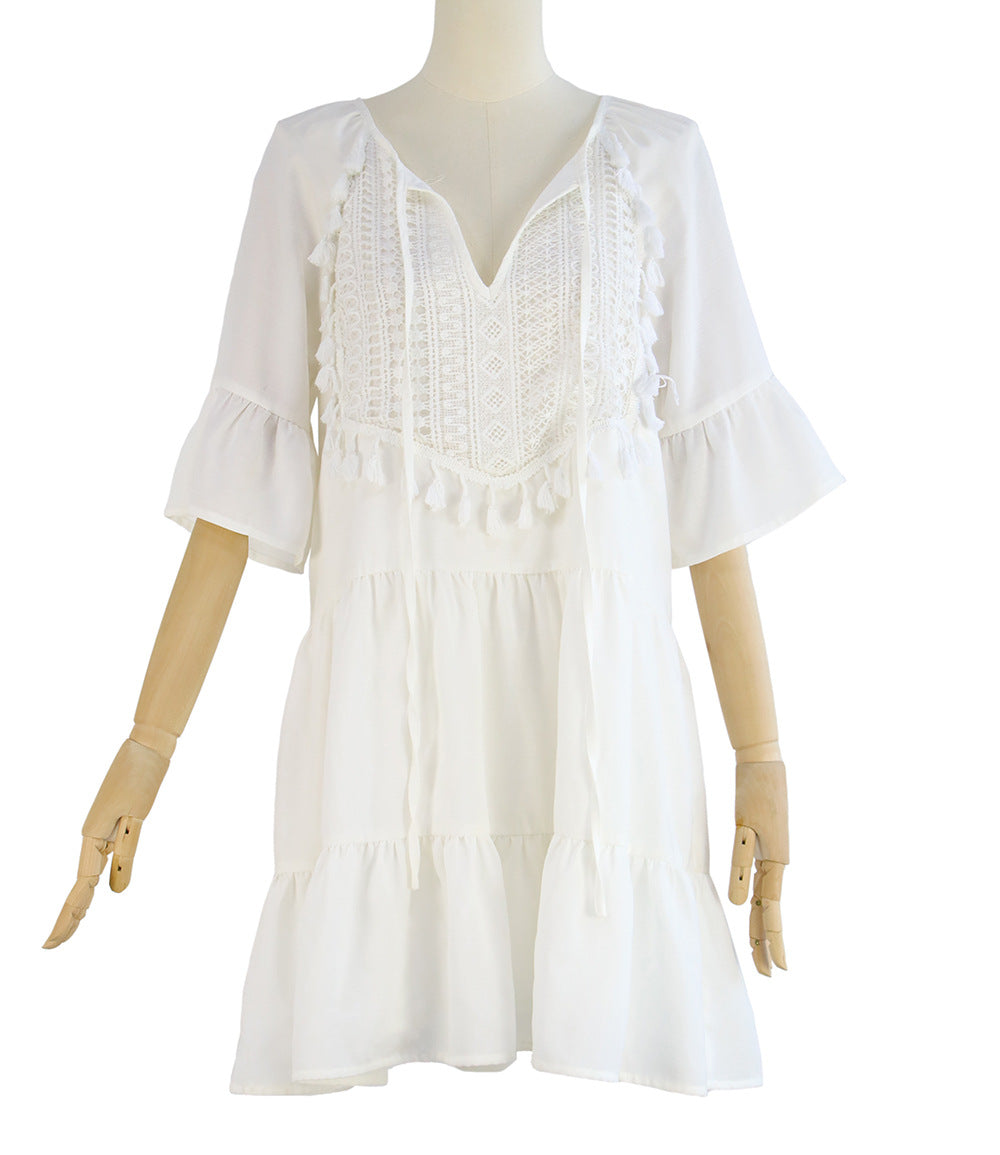 Spring And Summer Solid Color Stitching Flounce Fringed Neckline Lace Trumpet Sleeve Dress