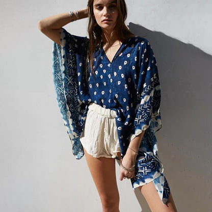 Bat Sleeve Long Sleeve Stitching Loose V-Neck Summer Jacket Printed Women'S Sunscreen Blouse