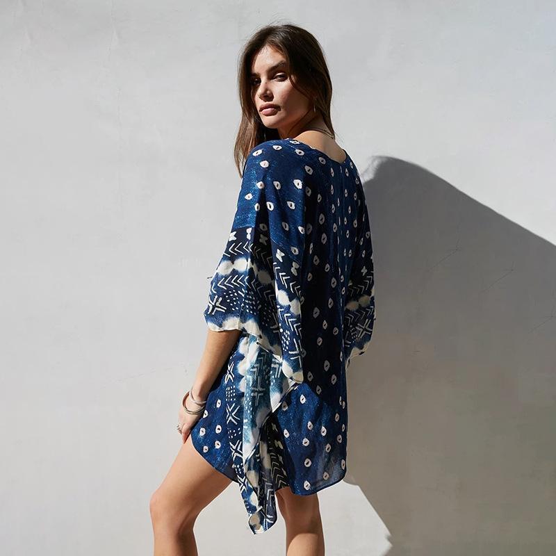 Bat Sleeve Long Sleeve Stitching Loose V-Neck Summer Jacket Printed Women'S Sunscreen Blouse