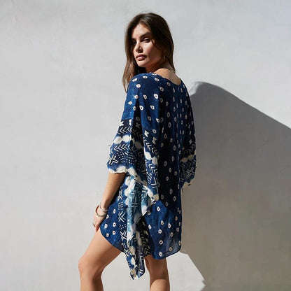 Bat Sleeve Long Sleeve Stitching Loose V-Neck Summer Jacket Printed Women'S Sunscreen Blouse