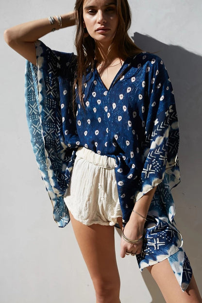 Bat Sleeve Long Sleeve Stitching Loose V-Neck Summer Jacket Printed Women'S Sunscreen Blouse