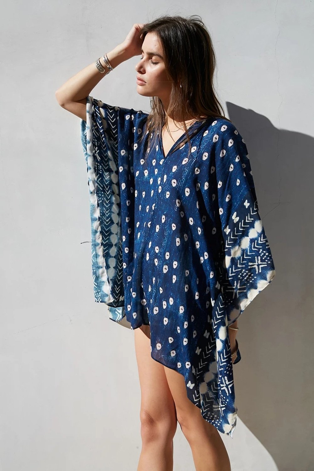 Bat Sleeve Long Sleeve Stitching Loose V-Neck Summer Jacket Printed Women'S Sunscreen Blouse