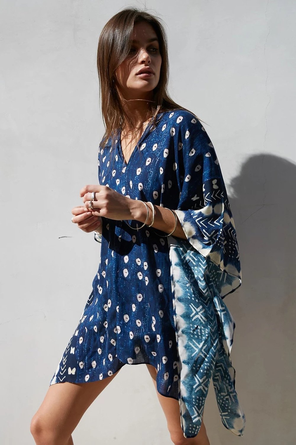 Bat Sleeve Long Sleeve Stitching Loose V-Neck Summer Jacket Printed Women'S Sunscreen Blouse